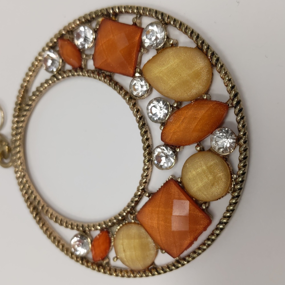 Large Circle Dangle Earrings Orange Yellow Rhinestones Gold Tone Piereced - Picture 3 of 7